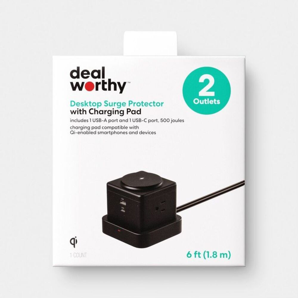 Desktop Surge Protector USB-A and USB-C with Top Charging Pad Black - Dealworthy